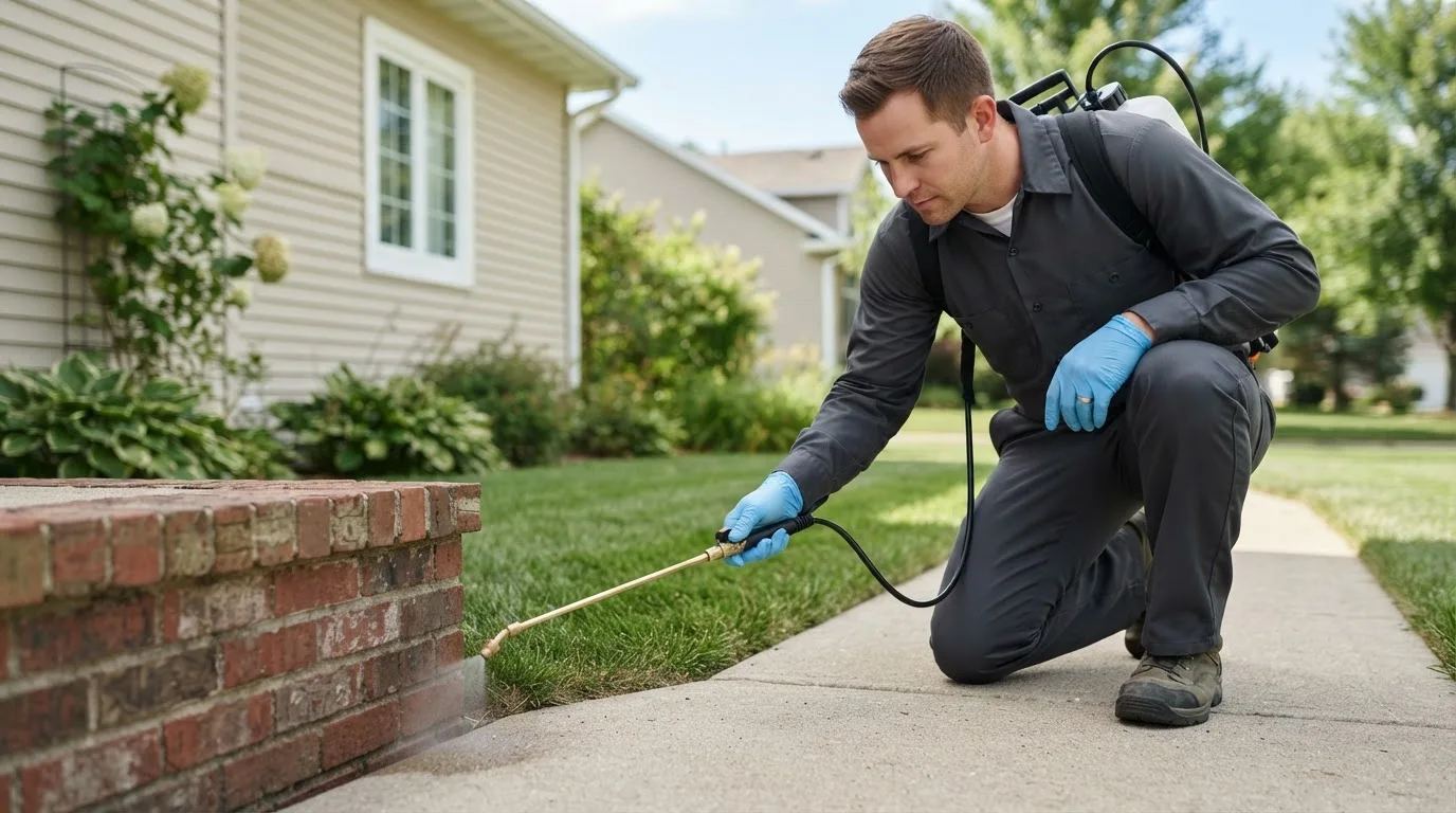 Pest control technician treating a home near Blue Mountain, AR
